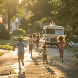 A group of children running for an ice cream truck.
